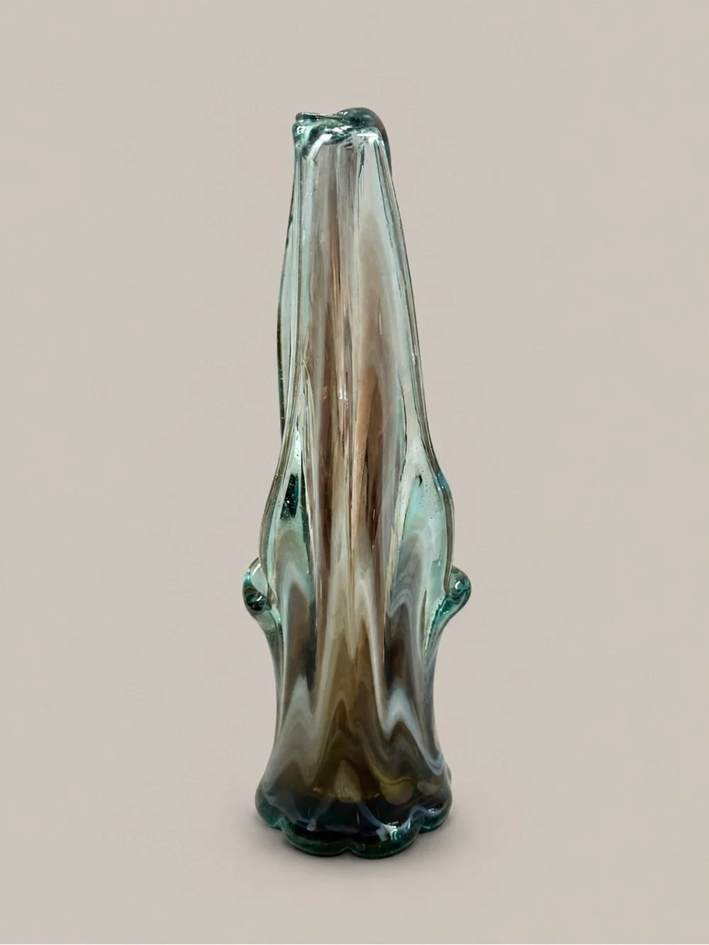 Murano Style Hand Blown Art Glass Basket Vase Blue Gray Swirl Controlled Bubble